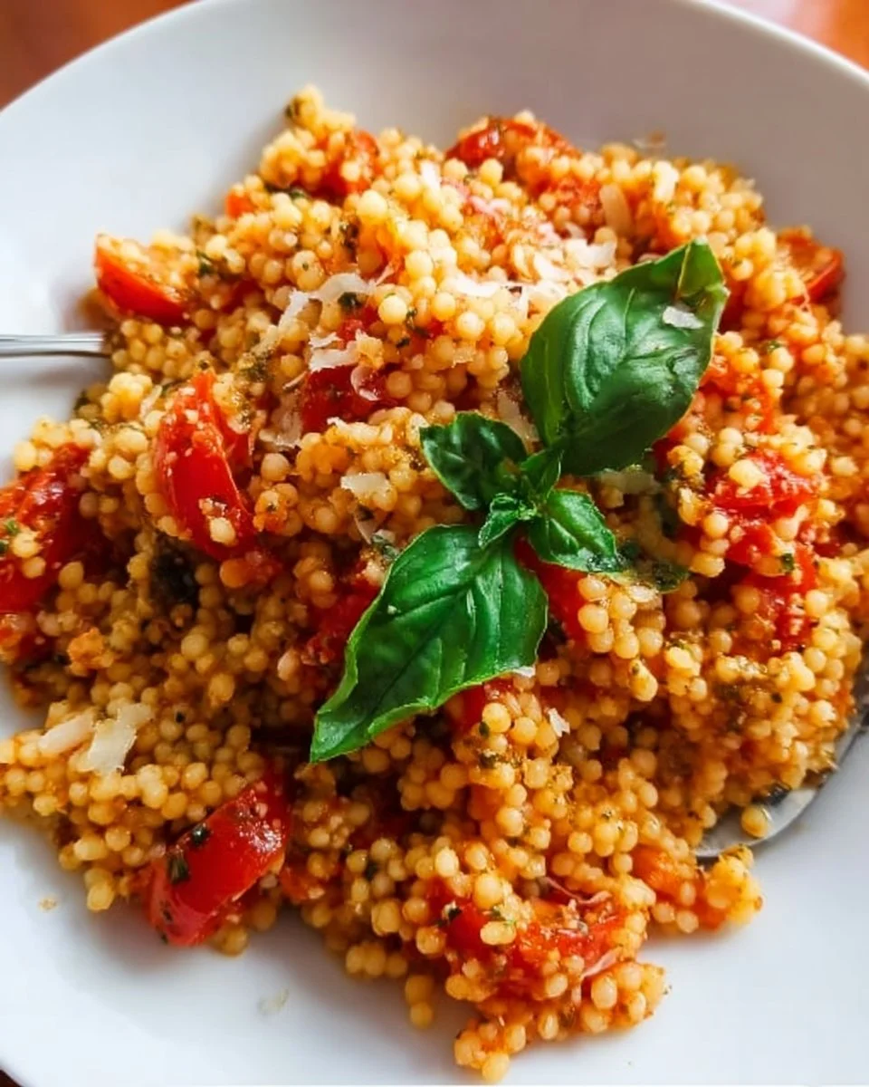 Gesundes Eintopf-Couscous mit Knoblauch, Tomaten und Basilikum