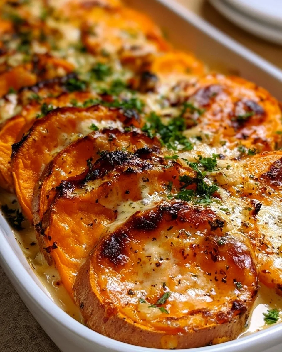 Knoblauch-gratinierte Süßkartoffeln