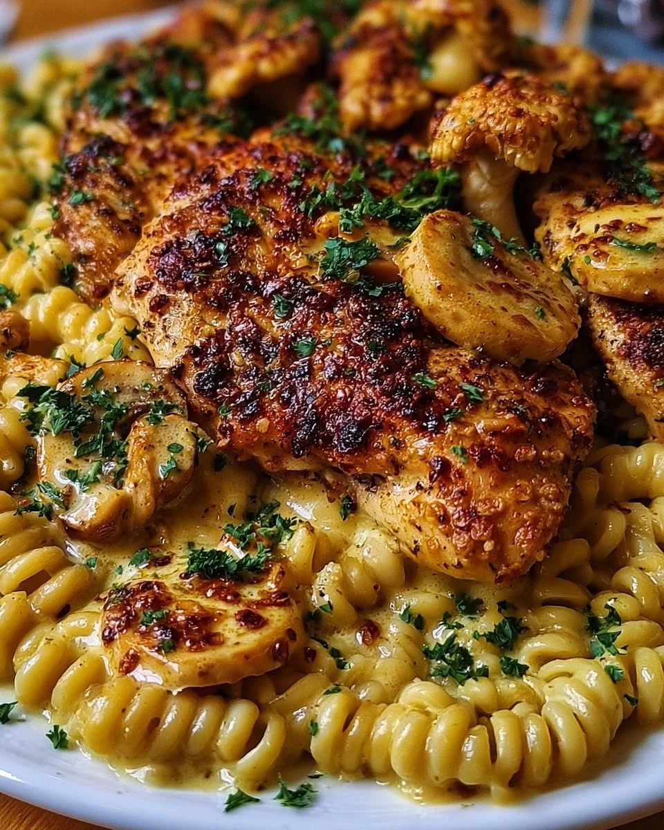 Knoblauchbutter-Hühnchen mit Fliegenpilz-Pasta